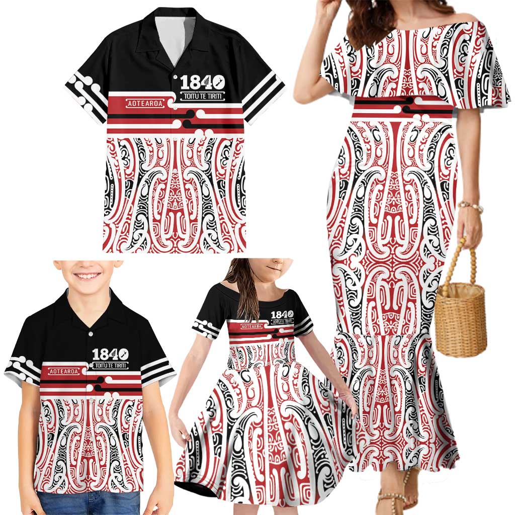 Personalised Toitu Te Tiriti Aotearoa 1840 Family Matching Mermaid Dress and Hawaiian Shirt Red Kowhaiwhai Puhoro LT9 - Polynesian Pride