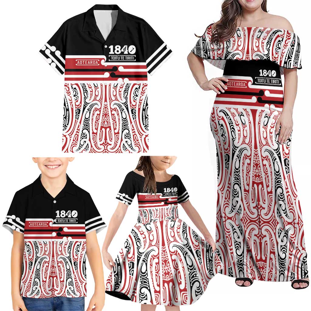 Personalised Toitu Te Tiriti Aotearoa 1840 Family Matching Off Shoulder Maxi Dress and Hawaiian Shirt Red Kowhaiwhai Puhoro - Polynesian Pride