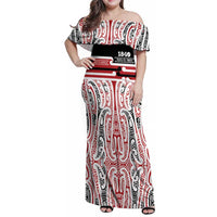Personalised Toitu Te Tiriti Aotearoa 1840 Family Matching Off Shoulder Maxi Dress and Hawaiian Shirt Red Kowhaiwhai Puhoro LT9 Mom's Dress Black - Polynesian Pride