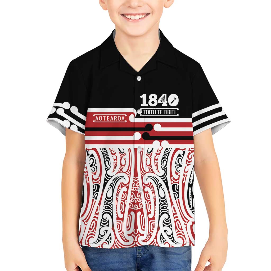 Personalised Toitu Te Tiriti Aotearoa 1840 Family Matching Off Shoulder Maxi Dress and Hawaiian Shirt Red Kowhaiwhai Puhoro LT9 Son's Shirt Black - Polynesian Pride
