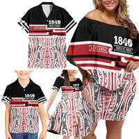 Personalised Toitu Te Tiriti Aotearoa 1840 Family Matching Off Shoulder Short Dress and Hawaiian Shirt Red Kowhaiwhai Puhoro LT9 - Polynesian Pride