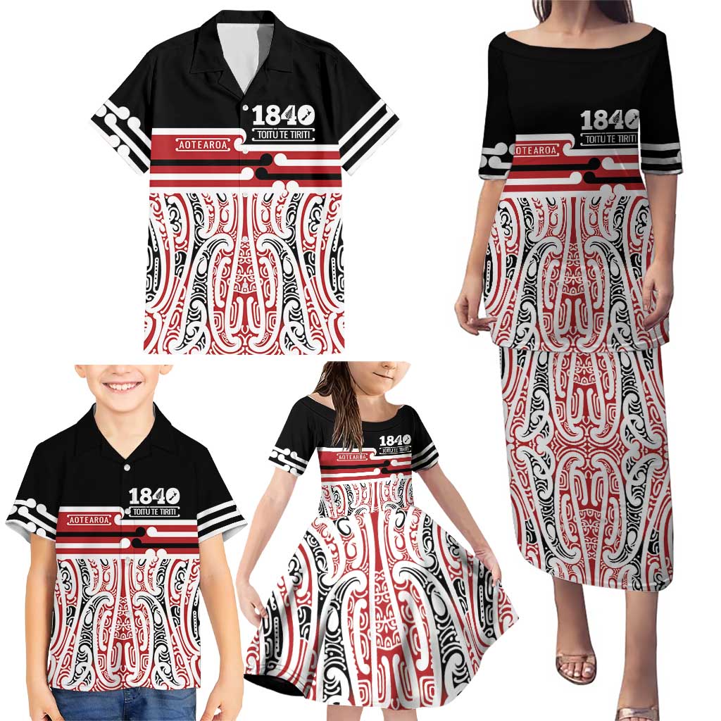 Personalised Toitu Te Tiriti Aotearoa 1840 Family Matching Puletasi and Hawaiian Shirt Red Kowhaiwhai Puhoro - Polynesian Pride