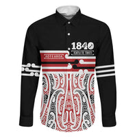Personalised Toitu Te Tiriti Aotearoa 1840 Family Matching Puletasi and Hawaiian Shirt Red Kowhaiwhai Puhoro LT9 Dad's Shirt - Long Sleeve Black - Polynesian Pride