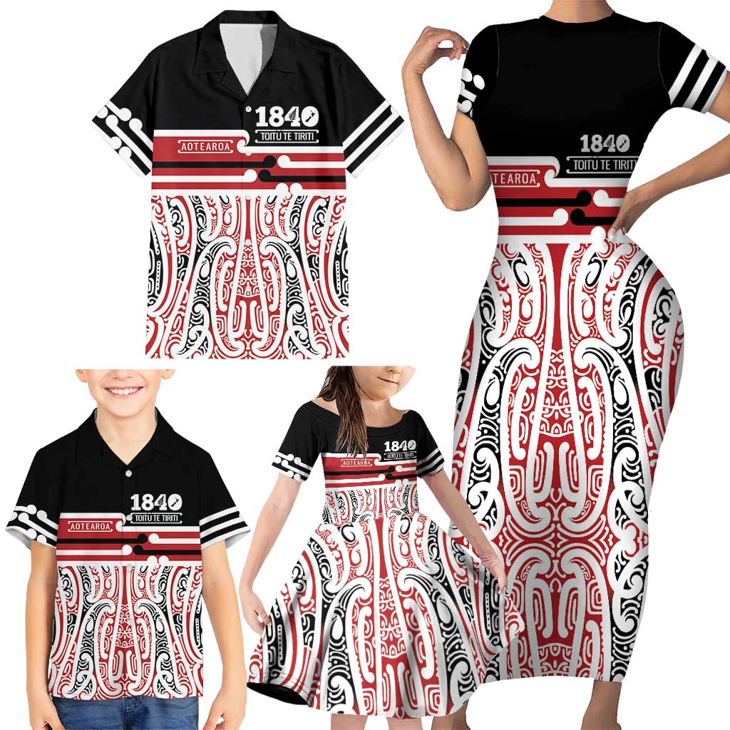 Personalised Toitu Te Tiriti Aotearoa 1840 Family Matching Short Sleeve Bodycon Dress and Hawaiian Shirt Red Kowhaiwhai Puhoro - Polynesian Pride