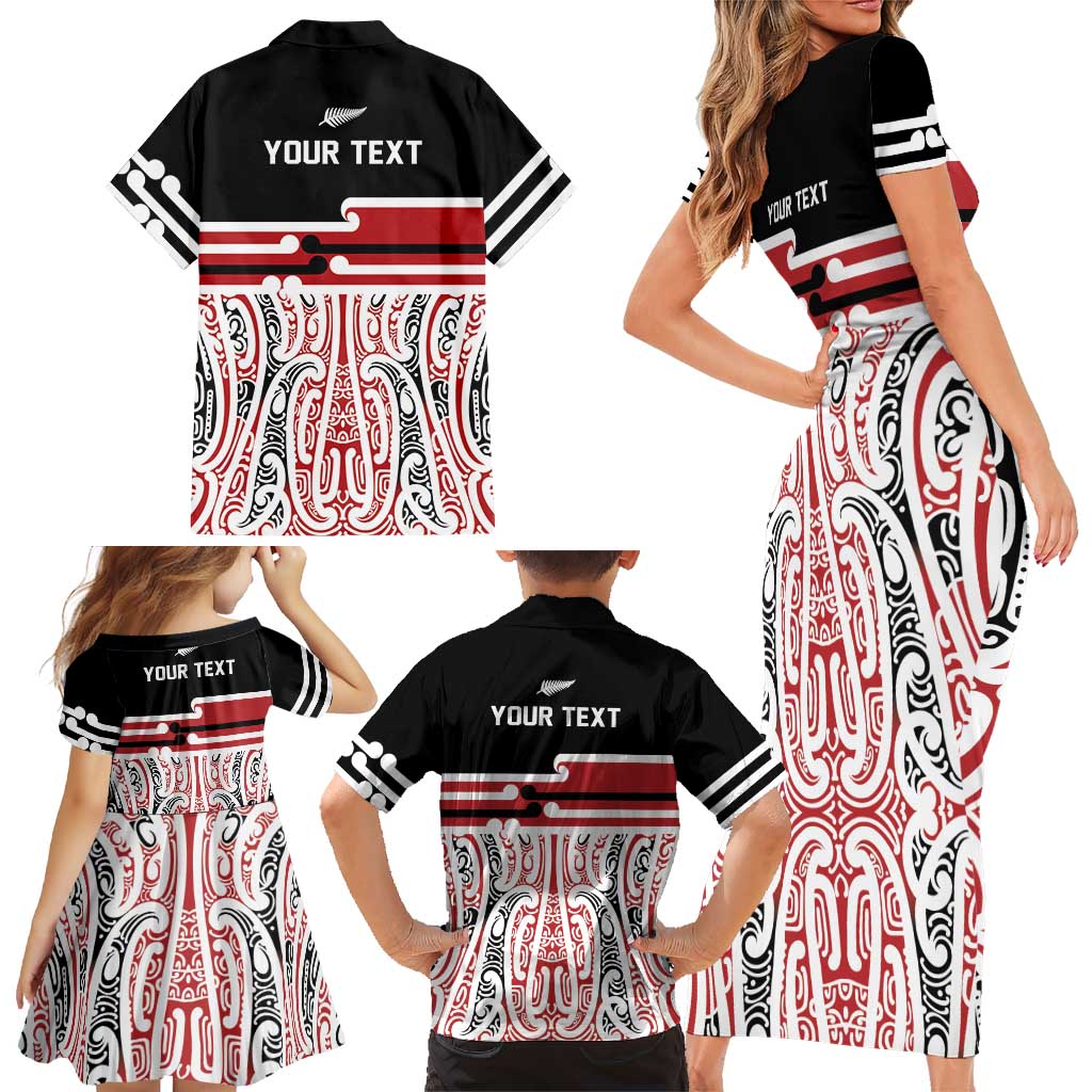 Personalised Toitu Te Tiriti Aotearoa 1840 Family Matching Short Sleeve Bodycon Dress and Hawaiian Shirt Red Kowhaiwhai Puhoro LT9 - Polynesian Pride