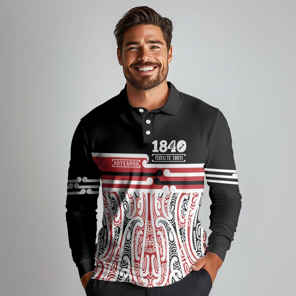 Personalised Toitu Te Tiriti Aotearoa 1840 Long Sleeve Polo Shirt Red Kowhaiwhai Puhoro - Polynesian Pride