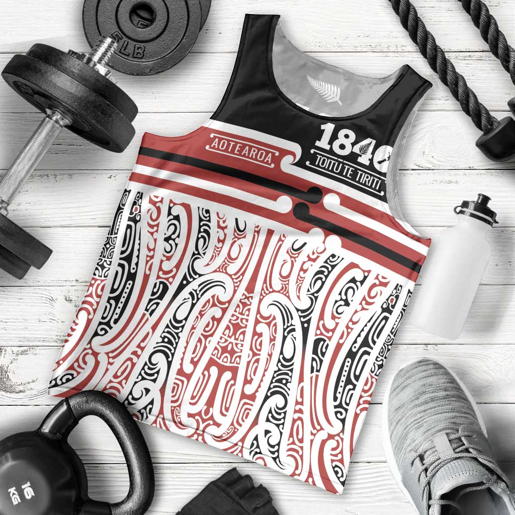 Personalised Toitu Te Tiriti Aotearoa 1840 Men Tank Top Red Kowhaiwhai Puhoro - Polynesian Pride