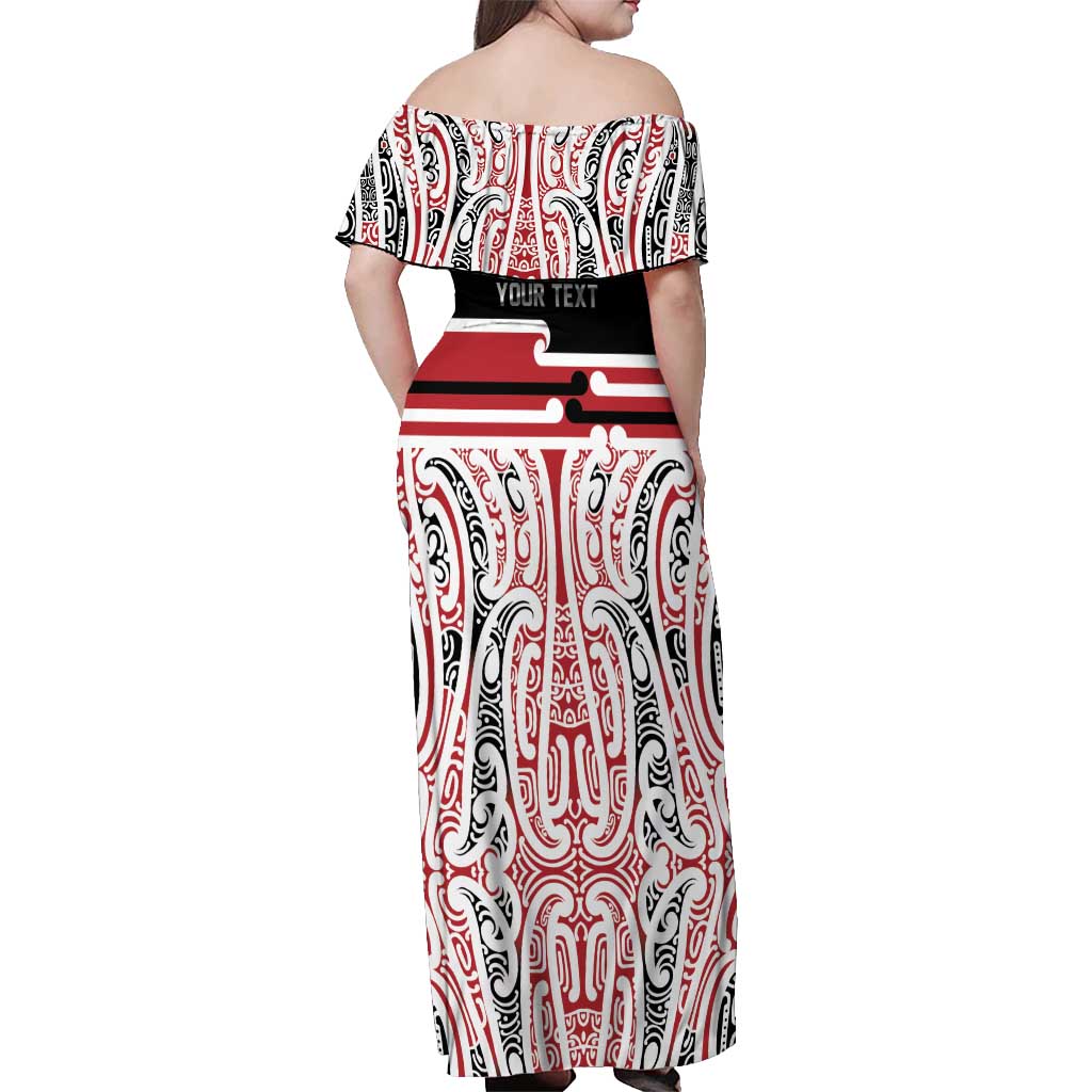 Personalised Toitu Te Tiriti Aotearoa 1840 Off Shoulder Maxi Dress Red Kowhaiwhai Puhoro - Polynesian Pride