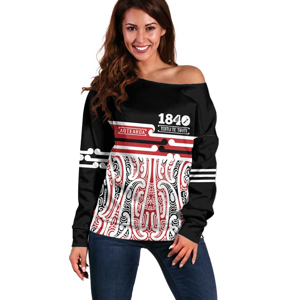 Personalised Toitu Te Tiriti Aotearoa 1840 Off Shoulder Sweater Red Kowhaiwhai Puhoro - Polynesian Pride