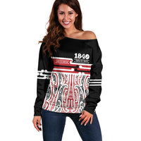 Personalised Toitu Te Tiriti Aotearoa 1840 Off Shoulder Sweater Red Kowhaiwhai Puhoro - Polynesian Pride
