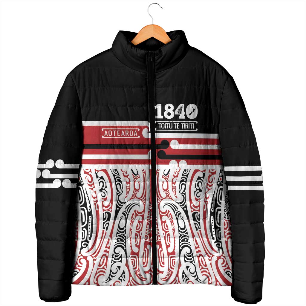 Personalised Toitu Te Tiriti Aotearoa 1840 Padded Jacket Red Kowhaiwhai Puhoro - Polynesian Pride