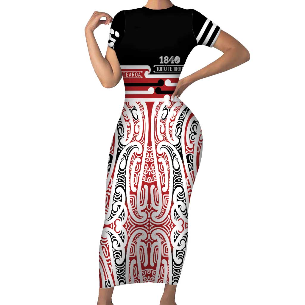 Personalised Toitu Te Tiriti Aotearoa 1840 Short Sleeve Bodycon Dress Red Kowhaiwhai Puhoro - Polynesian Pride