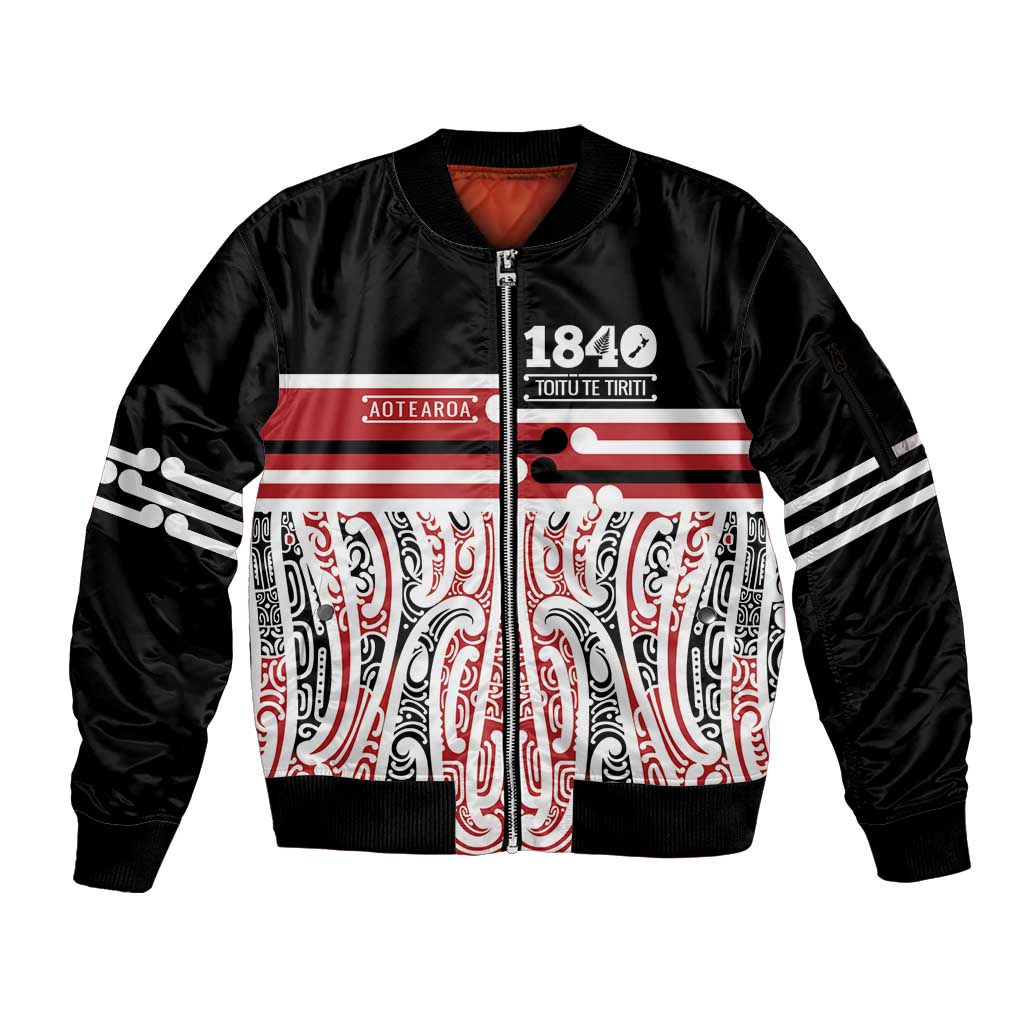 Personalised Toitu Te Tiriti Aotearoa 1840 Sleeve Zip Bomber Jacket Red Kowhaiwhai Puhoro - Polynesian Pride