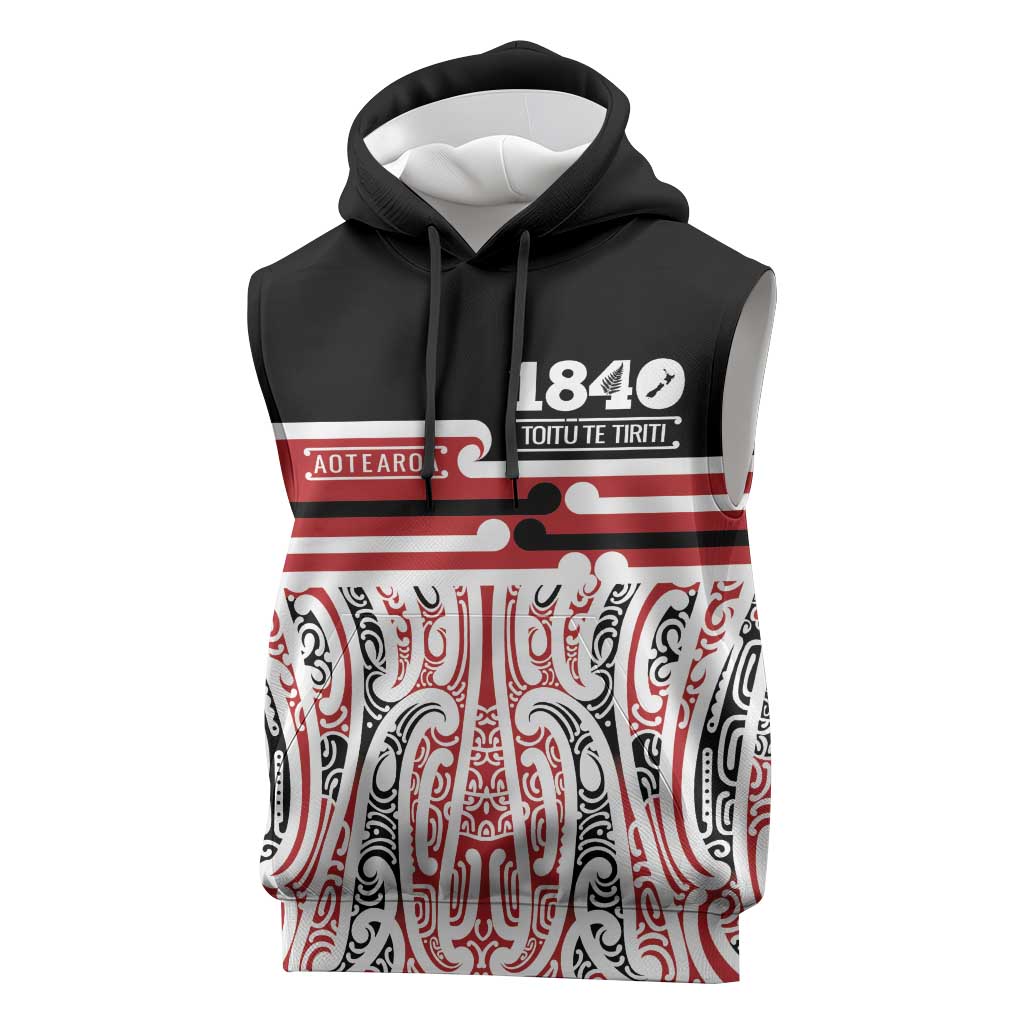 Personalised Toitu Te Tiriti Aotearoa 1840 Sleeveless Hoodie Red Kowhaiwhai Puhoro - Polynesian Pride