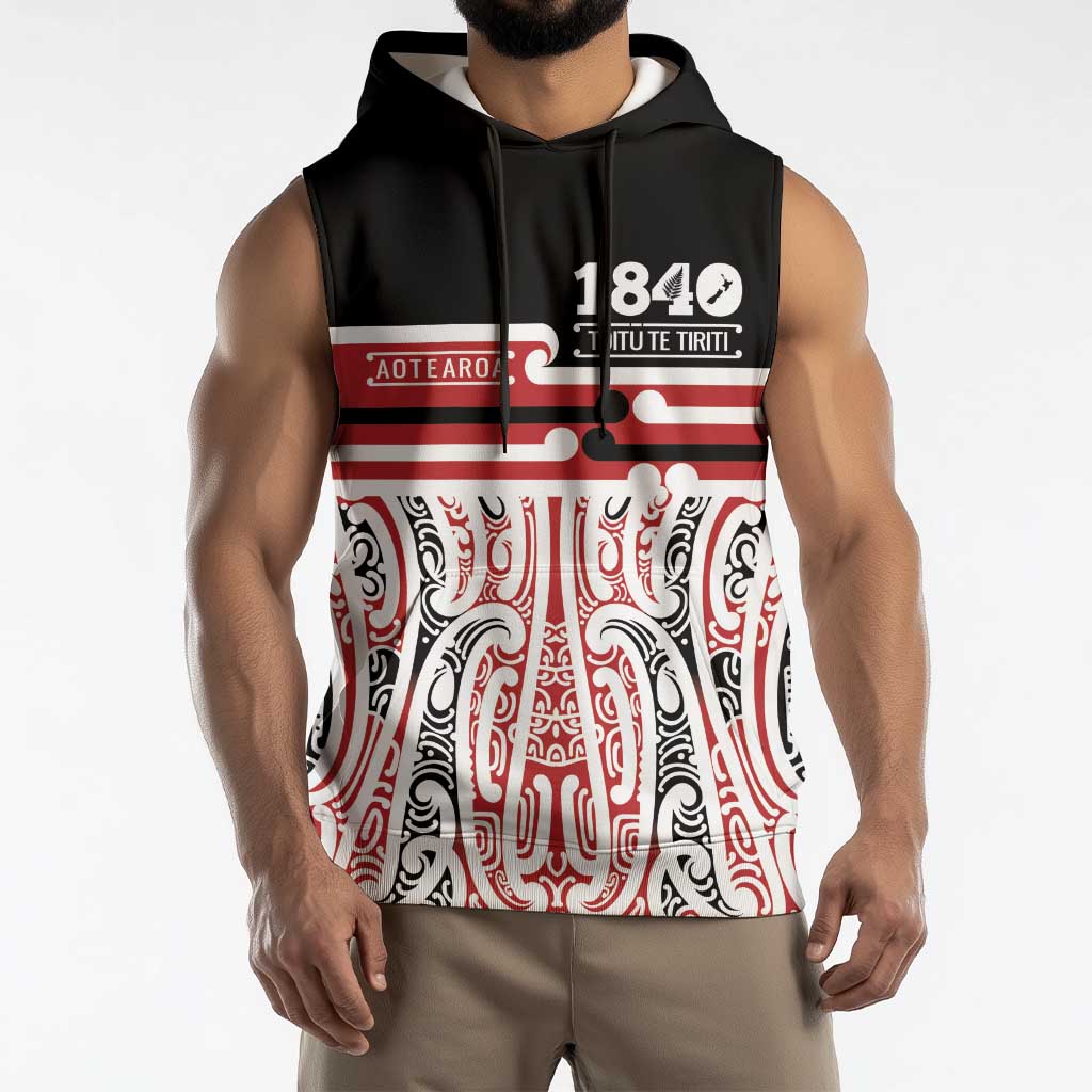 Personalised Toitu Te Tiriti Aotearoa 1840 Sleeveless Hoodie Red Kowhaiwhai Puhoro - Polynesian Pride
