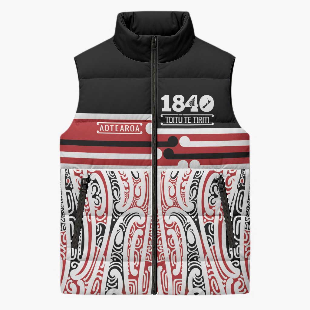 Personalised Toitu Te Tiriti Aotearoa 1840 Sleeveless Puffer Jacket Red Kowhaiwhai Puhoro - Polynesian Pride