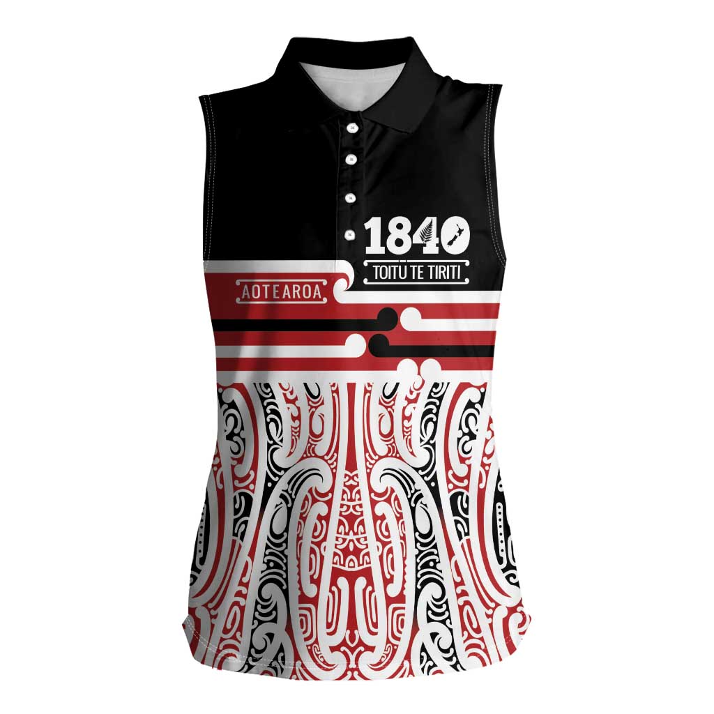 Personalised Toitu Te Tiriti Aotearoa 1840 Women Sleeveless Polo Shirt Red Kowhaiwhai Puhoro - Polynesian Pride