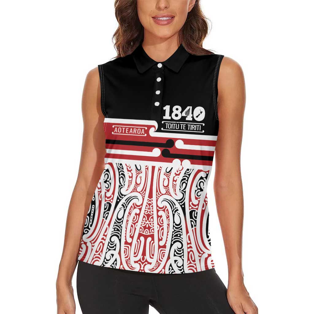 Personalised Toitu Te Tiriti Aotearoa 1840 Women Sleeveless Polo Shirt Red Kowhaiwhai Puhoro LT9 - Polynesian Pride