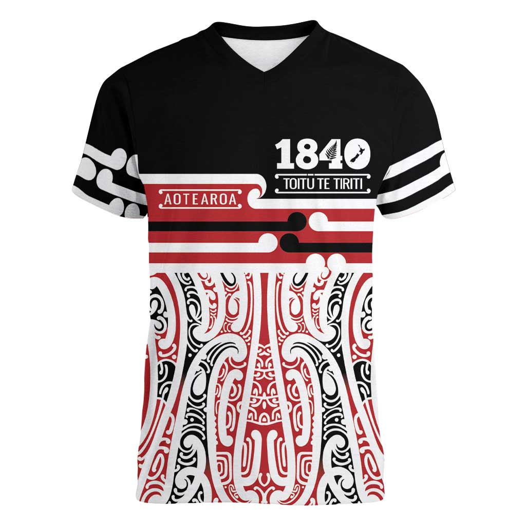Personalised Toitu Te Tiriti Aotearoa 1840 Women V-Neck T-Shirt Red Kowhaiwhai Puhoro LT9 Female Black - Polynesian Pride