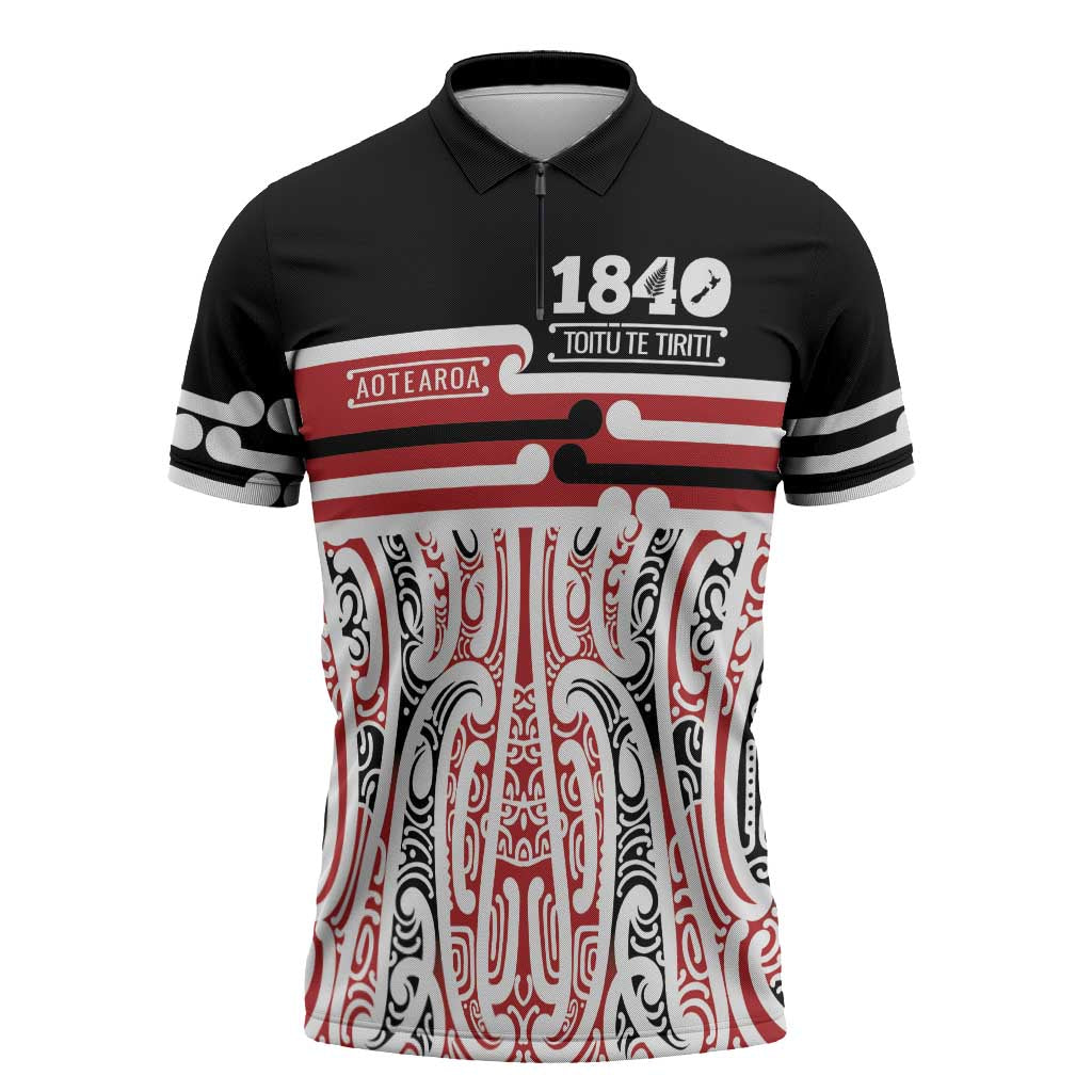 Personalised Toitu Te Tiriti Aotearoa 1840 Zipper Polo Shirt Red Kowhaiwhai Puhoro - Polynesian Pride