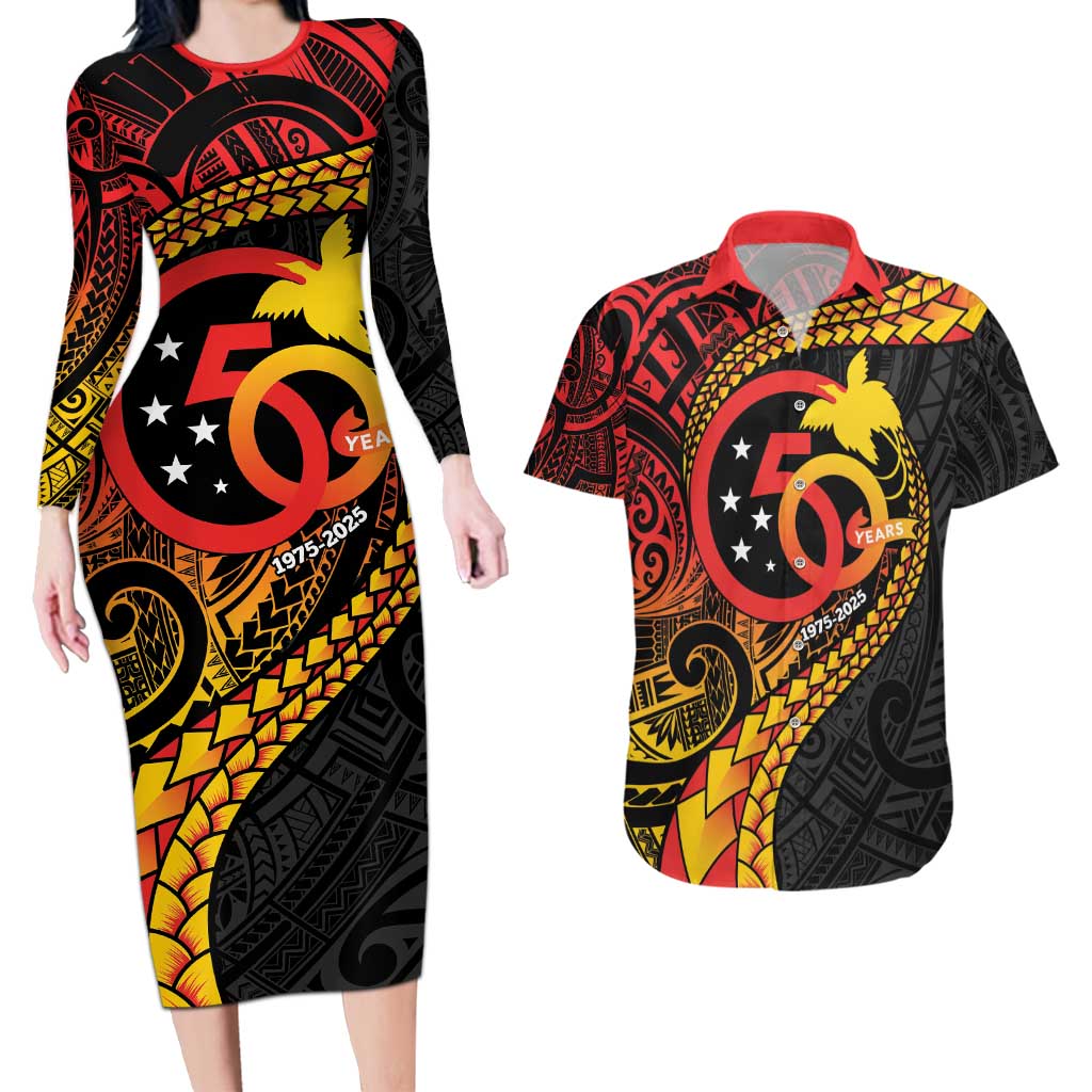Papua New Guinea Tribal Tattoo Couples Matching Long Sleeve Bodycon Dress and Hawaiian Shirt 50th Independence Anniversary LT9 Black - Polynesian Pride