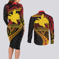Papua New Guinea Tribal Tattoo Couples Matching Long Sleeve Bodycon Dress and Long Sleeve Button Shirt 50th Independence Anniversary LT9 - Polynesian Pride