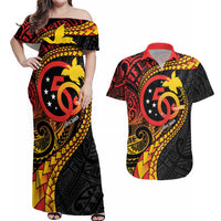 Papua New Guinea Tribal Tattoo Couples Matching Off Shoulder Maxi Dress and Hawaiian Shirt 50th Independence Anniversary LT9 Black - Polynesian Pride