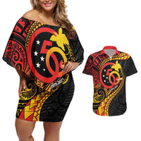 Papua New Guinea Tribal Tattoo Couples Matching Off Shoulder Short Dress and Hawaiian Shirt 50th Independence Anniversary LT9 Black - Polynesian Pride