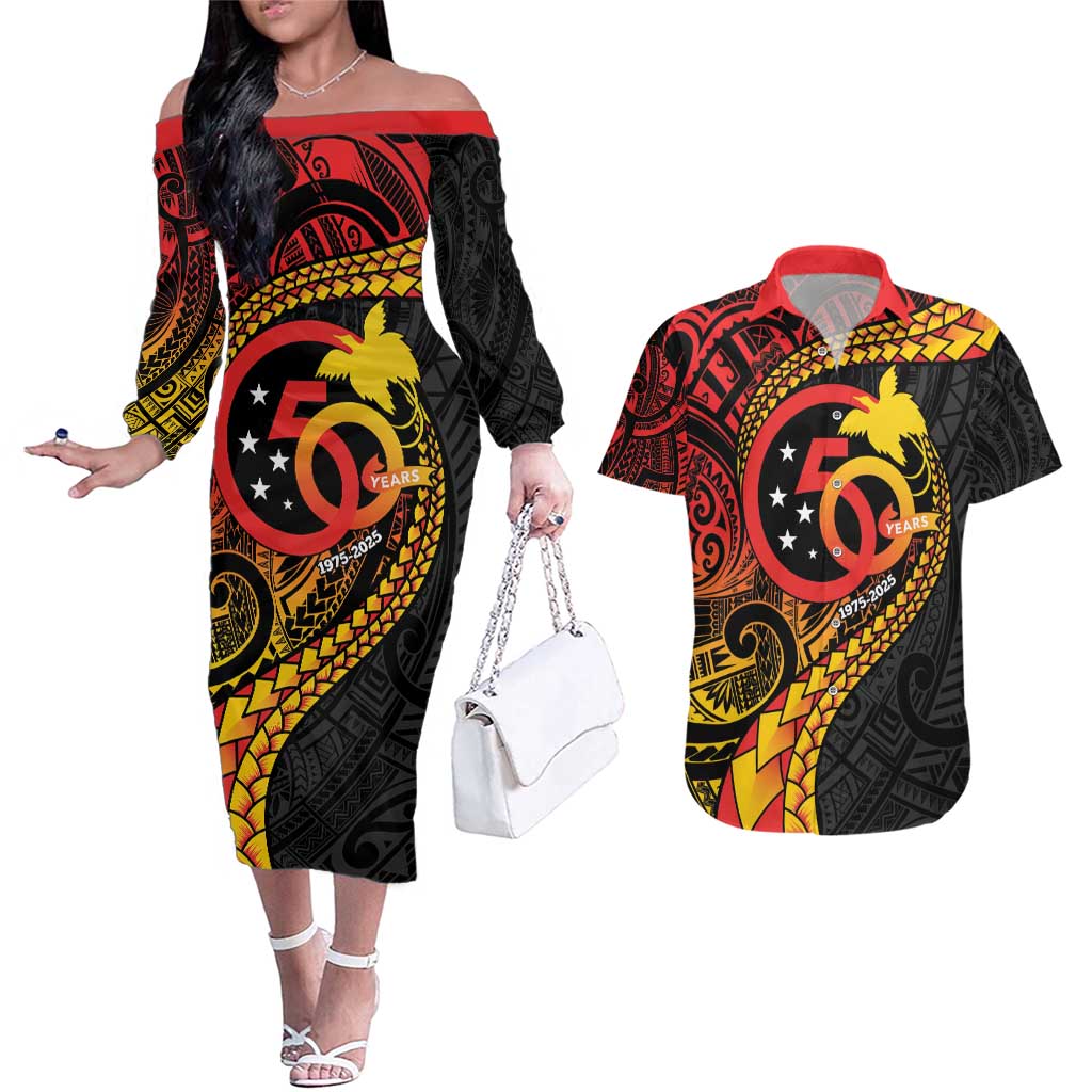 Papua New Guinea Tribal Tattoo Couples Matching Off The Shoulder Long Sleeve Dress and Hawaiian Shirt 50th Independence Anniversary LT9 Black - Polynesian Pride