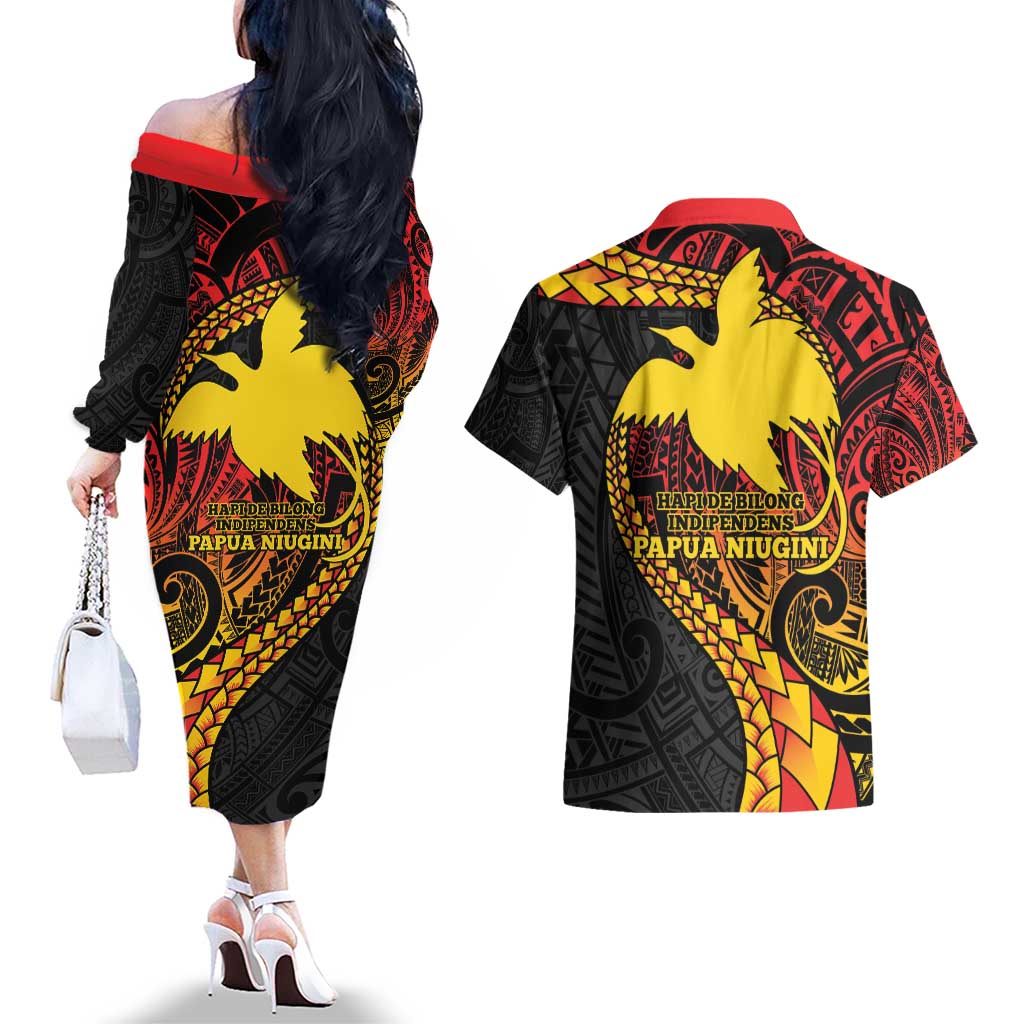 Papua New Guinea Tribal Tattoo Couples Matching Off The Shoulder Long Sleeve Dress and Hawaiian Shirt 50th Independence Anniversary LT9 - Polynesian Pride