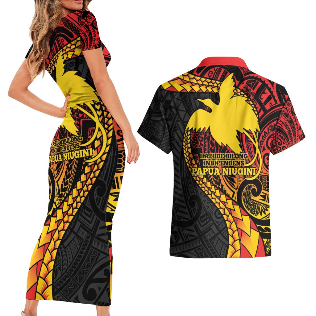 Papua New Guinea Tribal Tattoo Couples Matching Short Sleeve Bodycon Dress and Hawaiian Shirt 50th Independence Anniversary LT9 - Polynesian Pride
