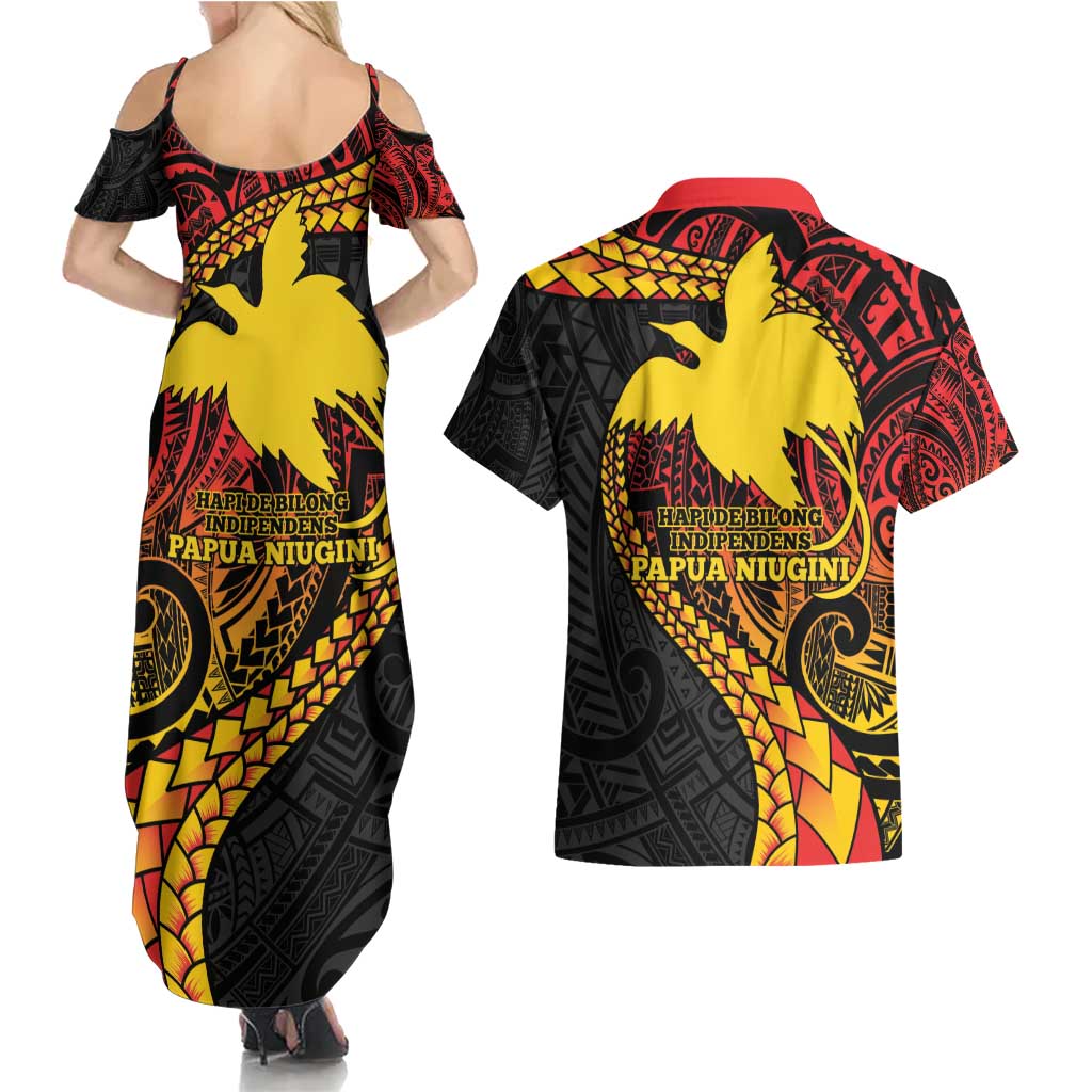 Papua New Guinea Tribal Tattoo Couples Matching Summer Maxi Dress and Hawaiian Shirt 50th Independence Anniversary LT9 - Polynesian Pride