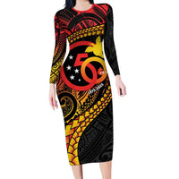 Papua New Guinea Tribal Tattoo Family Matching Long Sleeve Bodycon Dress and Hawaiian Shirt 50th Independence Anniversary LT9 Mom's Dress Black - Polynesian Pride