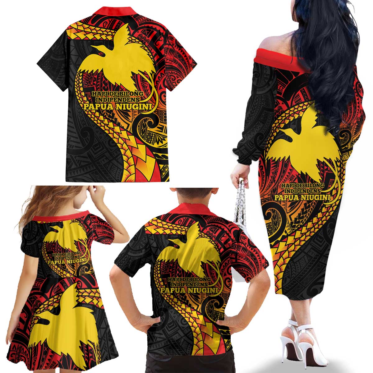 Papua New Guinea Tribal Tattoo Family Matching Off The Shoulder Long Sleeve Dress and Hawaiian Shirt 50th Independence Anniversary LT9 - Polynesian Pride