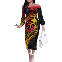 Papua New Guinea Tribal Tattoo Family Matching Off The Shoulder Long Sleeve Dress and Hawaiian Shirt 50th Independence Anniversary LT9 Mom's Dress Black - Polynesian Pride