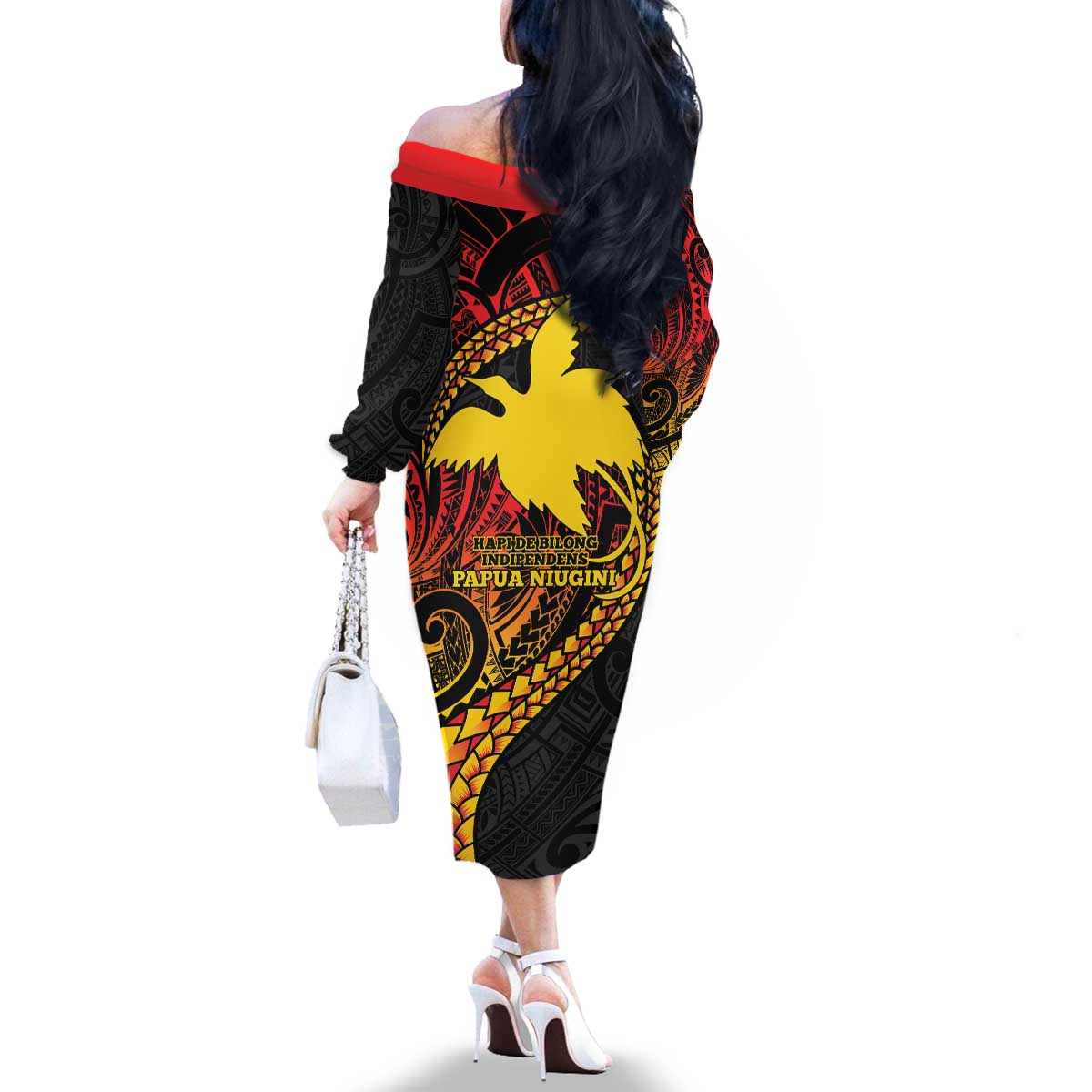Papua New Guinea Tribal Tattoo Family Matching Off The Shoulder Long Sleeve Dress and Hawaiian Shirt 50th Independence Anniversary LT9 - Polynesian Pride