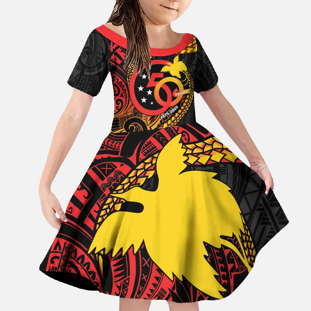 Papua New Guinea Tribal Tattoo Family Matching Off Shoulder Maxi Dress and Hawaiian Shirt 50th Independence Anniversary LT9 Daughter's Dress Black - Polynesian Pride