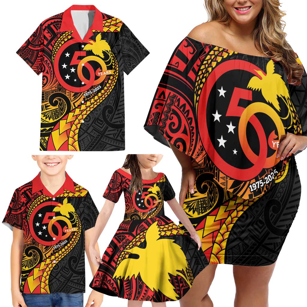 Papua New Guinea Tribal Tattoo Family Matching Off Shoulder Short Dress and Hawaiian Shirt 50th Independence Anniversary LT9 - Polynesian Pride