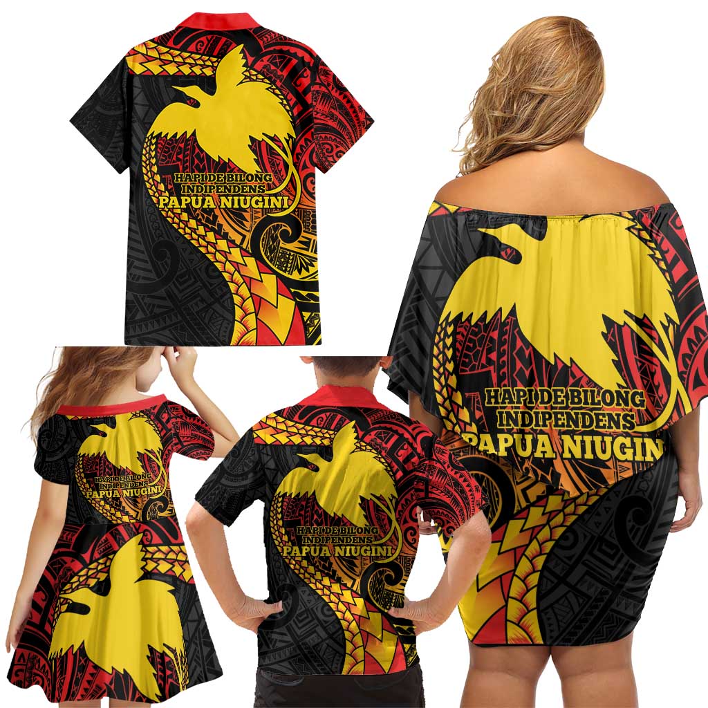 Papua New Guinea Tribal Tattoo Family Matching Off Shoulder Short Dress and Hawaiian Shirt 50th Independence Anniversary LT9 - Polynesian Pride