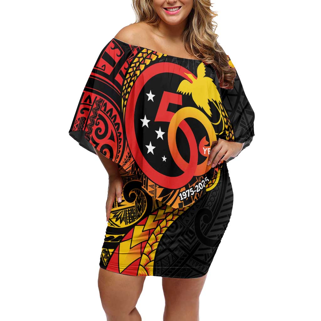 Papua New Guinea Tribal Tattoo Family Matching Off Shoulder Short Dress and Hawaiian Shirt 50th Independence Anniversary LT9 Mom's Dress Black - Polynesian Pride