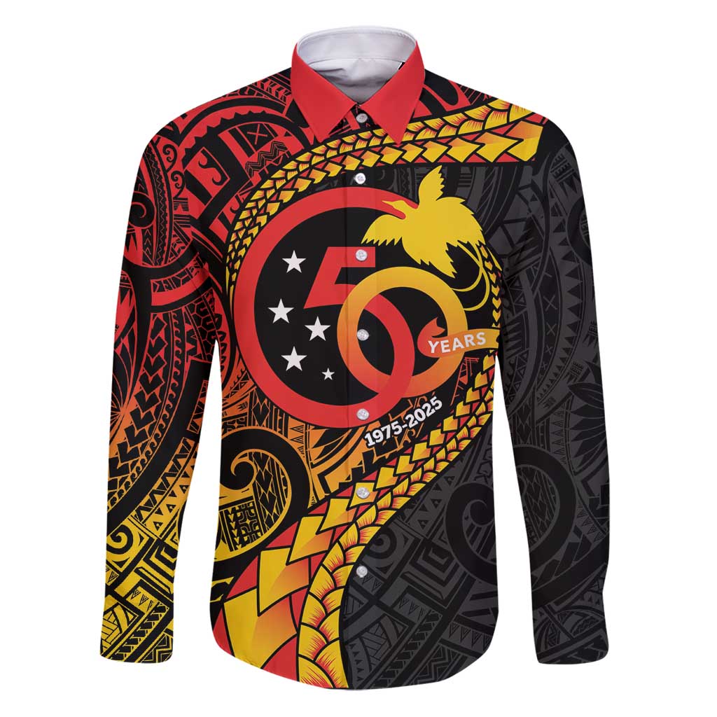 Papua New Guinea Tribal Tattoo Family Matching Puletasi and Hawaiian Shirt 50th Independence Anniversary LT9 Dad's Shirt - Long Sleeve Black - Polynesian Pride