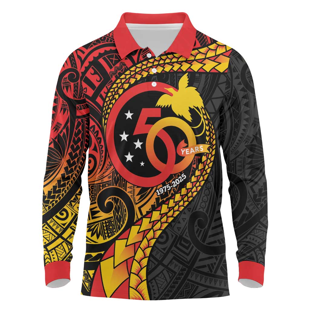 Papua New Guinea Tribal Tattoo Long Sleeve Polo Shirt 50th Independence Anniversary