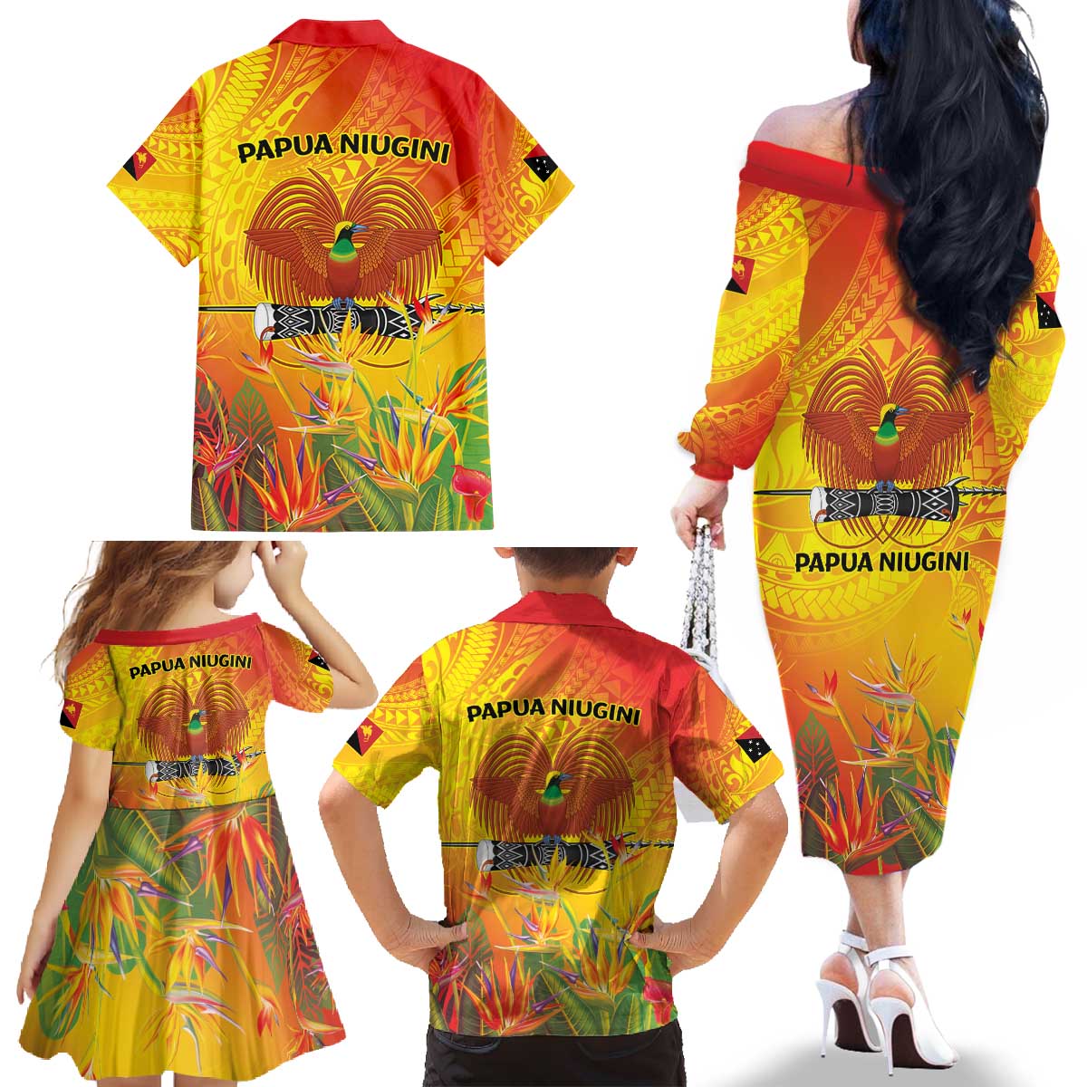 Papua New Guinea Unity in Diversity Family Matching Off The Shoulder Long Sleeve Dress and Hawaiian Shirt 50th Indipendens Papua Niugini LT9 - Polynesian Pride