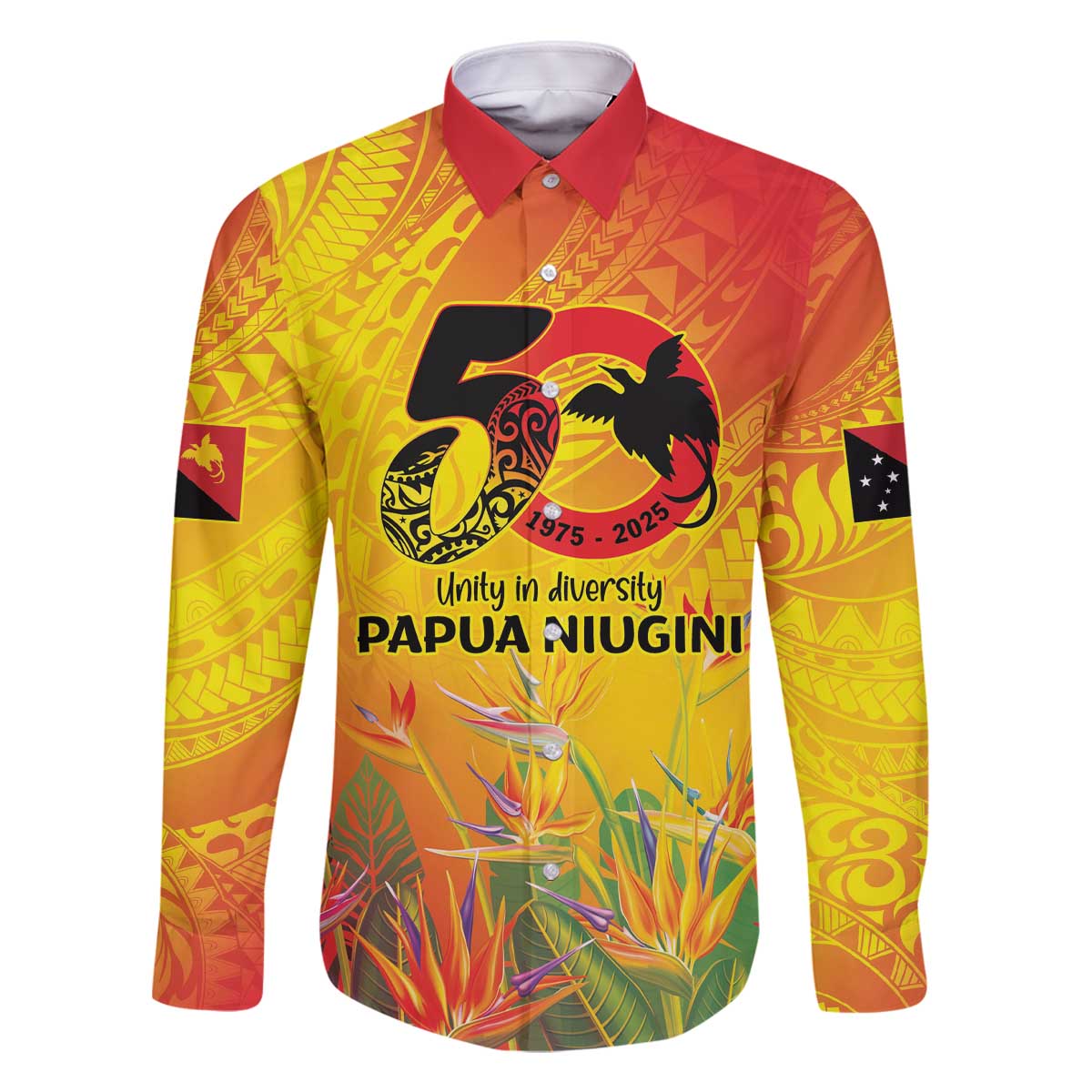 Papua New Guinea Unity in Diversity Family Matching Off The Shoulder Long Sleeve Dress and Hawaiian Shirt 50th Indipendens Papua Niugini LT9 Dad's Shirt - Long Sleeve Gold - Polynesian Pride