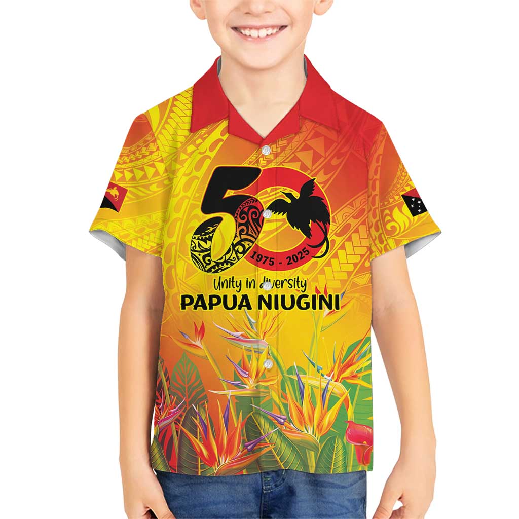 Papua New Guinea Unity in Diversity Family Matching Off Shoulder Maxi Dress and Hawaiian Shirt 50th Indipendens Papua Niugini LT9 Son's Shirt Gold - Polynesian Pride
