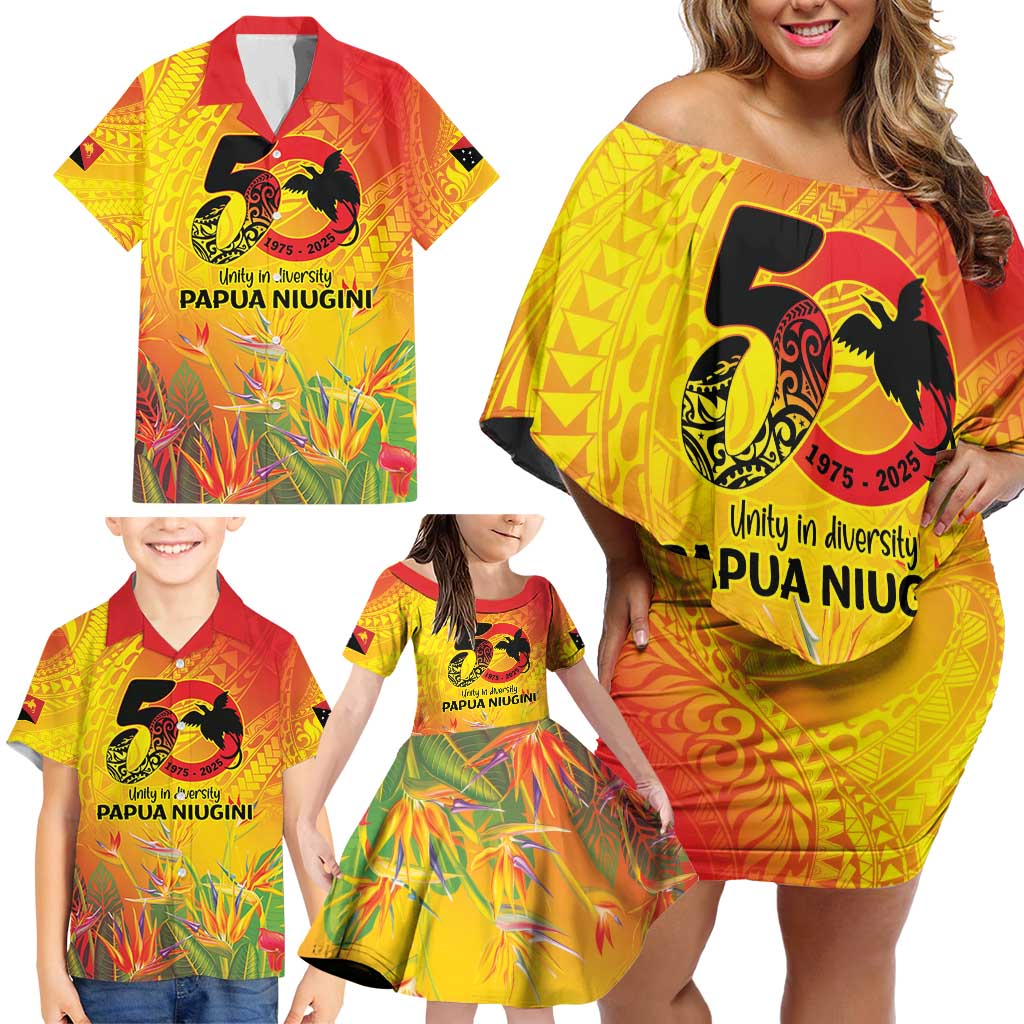 Papua New Guinea Unity in Diversity Family Matching Off Shoulder Short Dress and Hawaiian Shirt 50th Indipendens Papua Niugini LT9 - Polynesian Pride
