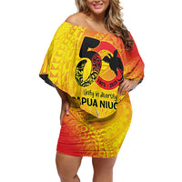 Papua New Guinea Unity in Diversity Family Matching Off Shoulder Short Dress and Hawaiian Shirt 50th Indipendens Papua Niugini LT9 Mom's Dress Gold - Polynesian Pride