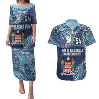 Personalised Fiji 54th Anniversary Couples Matching Puletasi and Hawaiian Shirt Siga Ni Bula Galala Marautaki O Viti LT9 Blue - Polynesian Pride