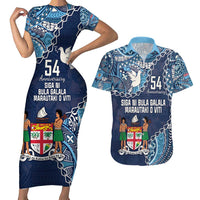 Personalised Fiji 54th Anniversary Couples Matching Short Sleeve Bodycon Dress and Hawaiian Shirt Siga Ni Bula Galala Marautaki O Viti LT9 Blue - Polynesian Pride