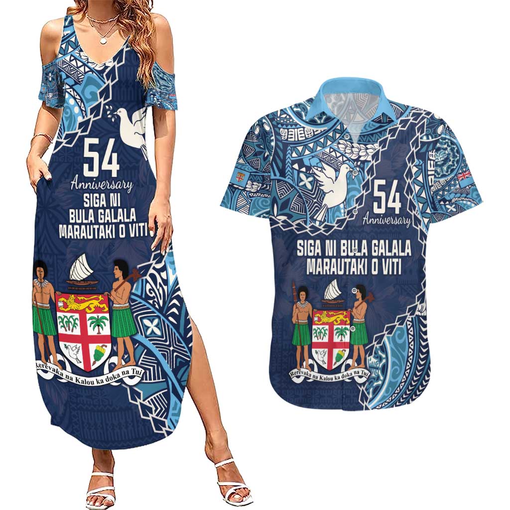 Personalised Fiji 54th Anniversary Couples Matching Summer Maxi Dress and Hawaiian Shirt Siga Ni Bula Galala Marautaki O Viti LT9 Blue - Polynesian Pride